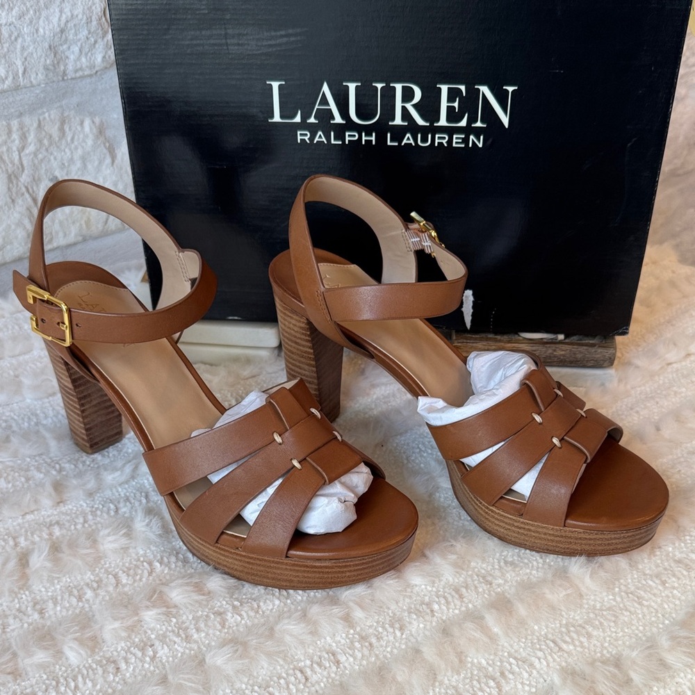 Lauren Ralph Lauren Tan Brown Leather Platform Sandals